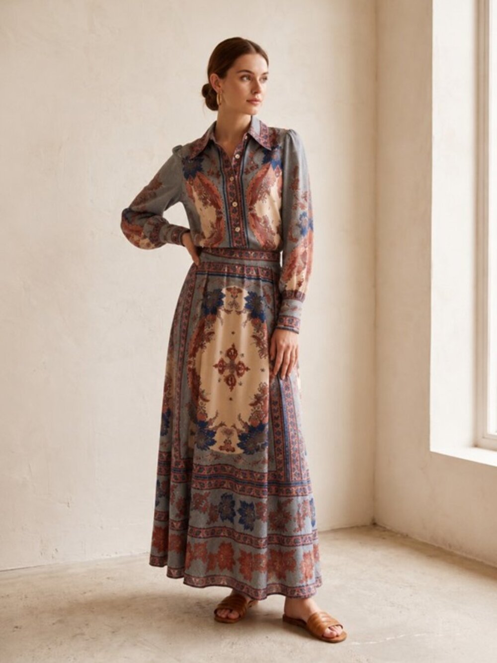 Set - Floral Print Long Sleeve Shirt And Midi Skirt set